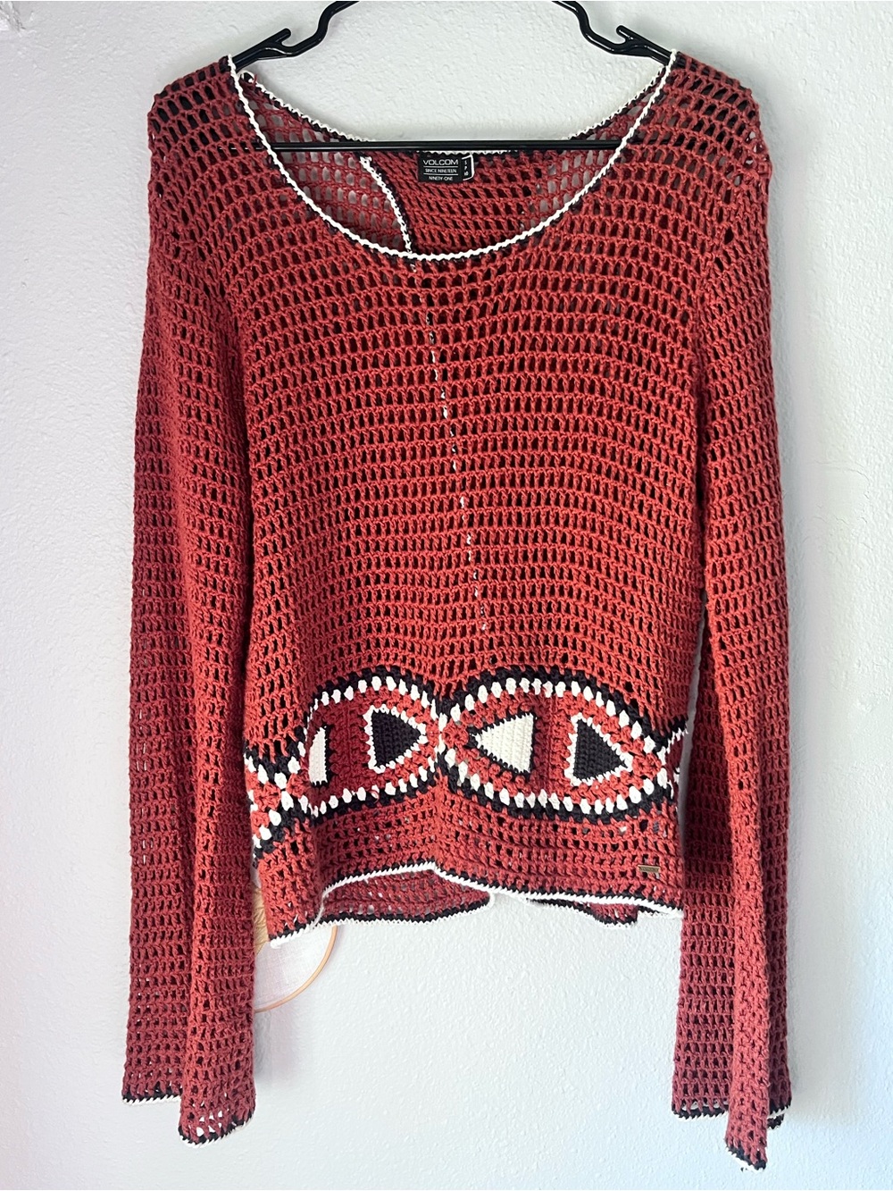 Volcom Women's Rust Open-Knit Sweater with Black and White Trim